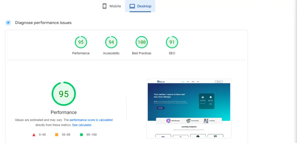 ethioall.com website performance by google speed insight blogging in ethiopia