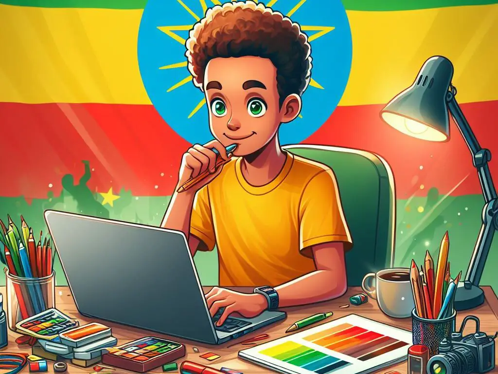 boy he writing blog post on his laptop and on his desk Ethiopia flag are available for post: blogging in ethiopia